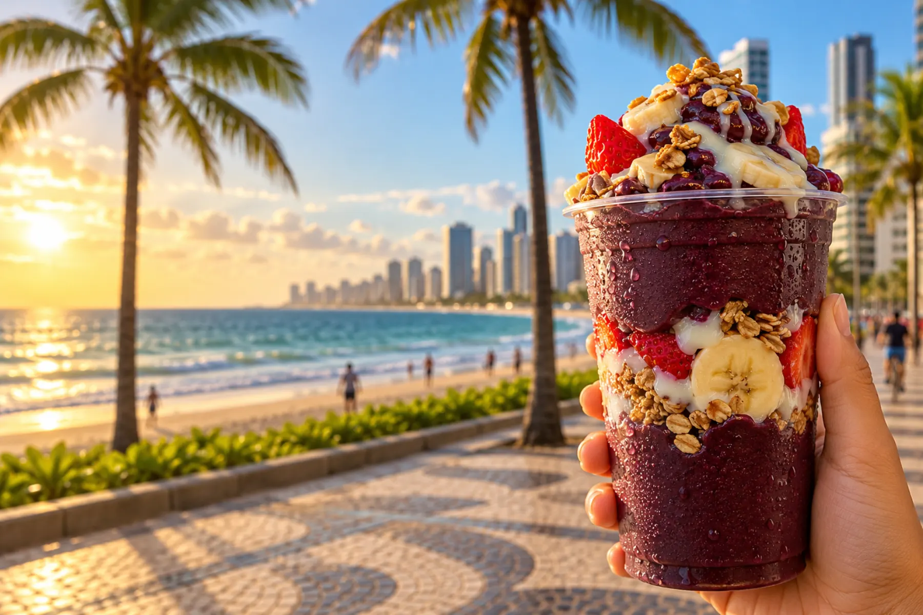 Copo de açaí com banana, morango e granola na orla de Boa Viagem ao pôr do sol