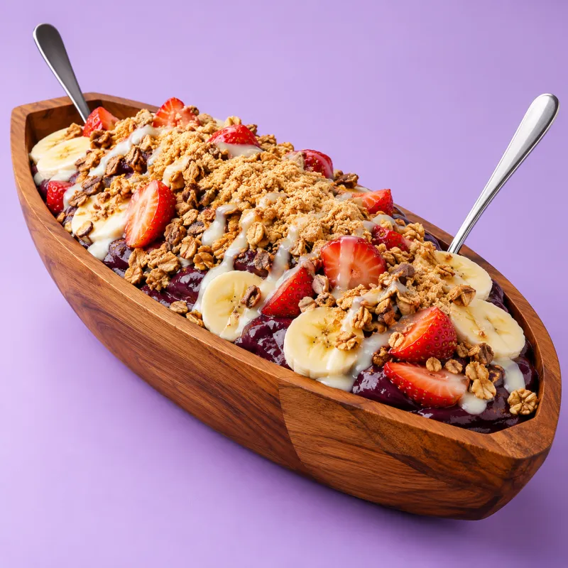 Barca de madeira com açaí, frutas e granola