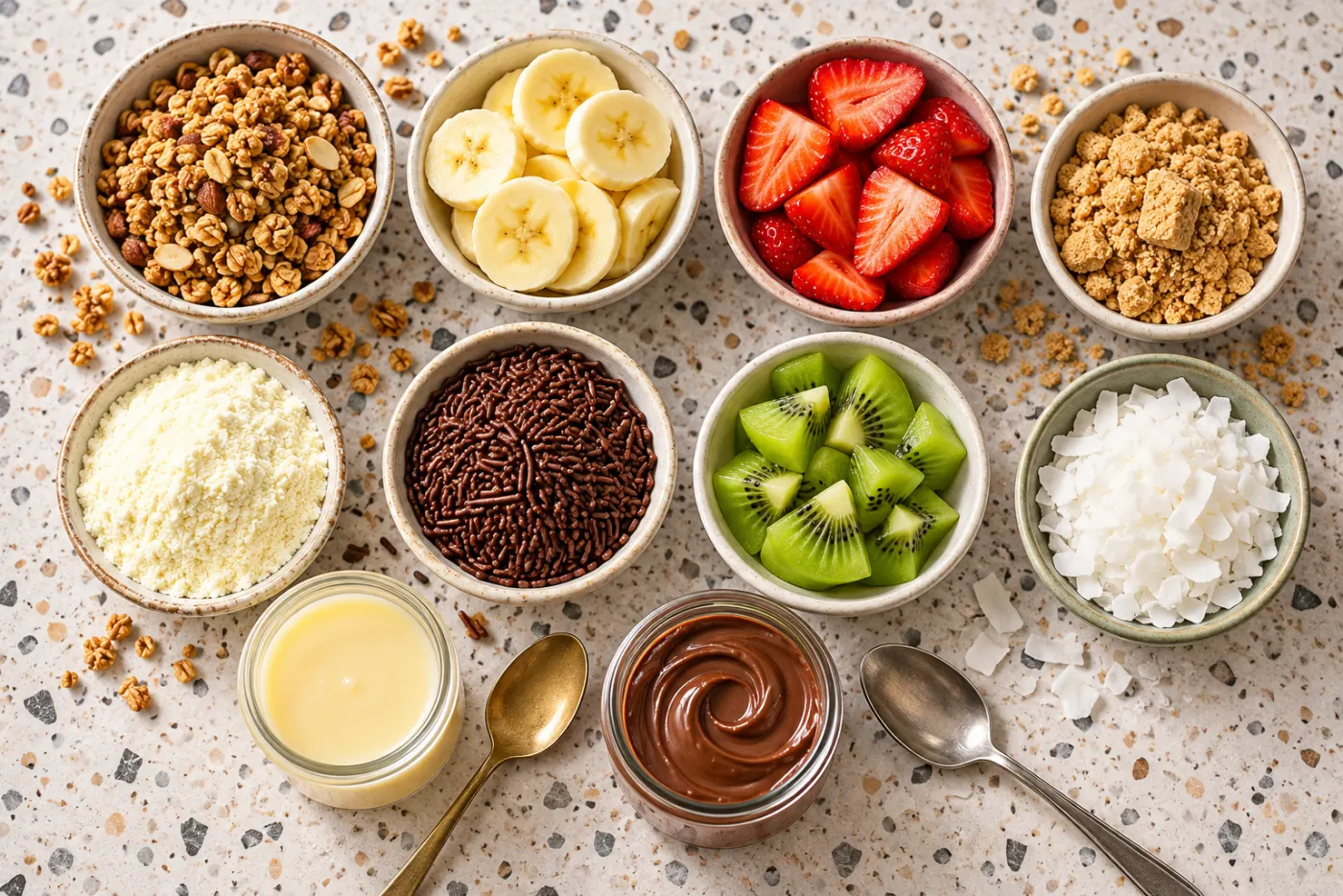 Complementos: granola, banana, morango, paçoca, leite em pó, kiwi, coco, leite condensado e creme de avelã