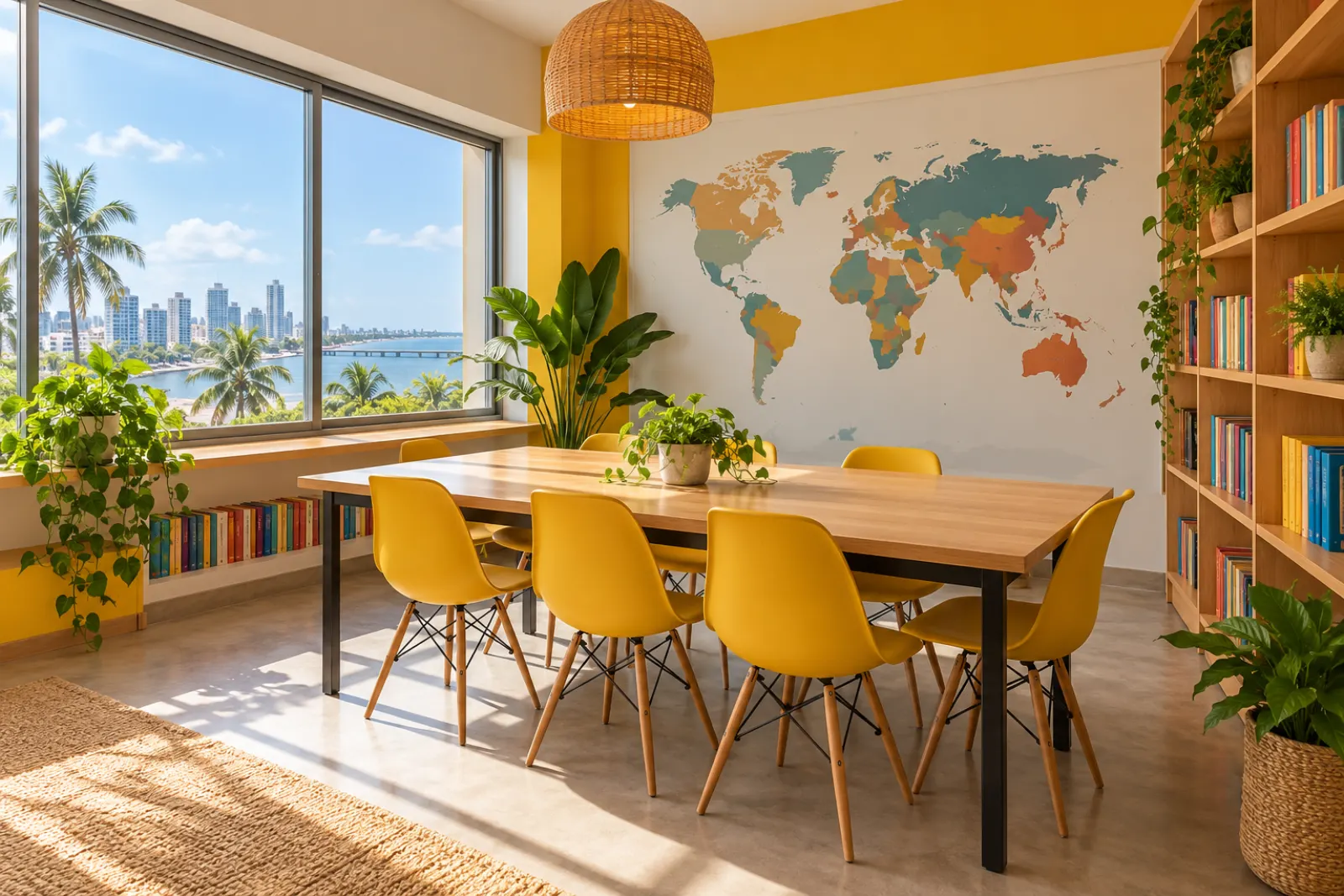 Sala de aula com mesa de madeira, cadeiras amarelas, mapa-múndi e vista para a cidade