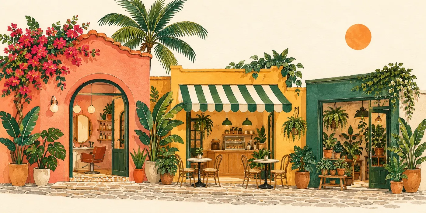 Ilustração de pequenos comércios brasileiros: salão, café e loja de plantas