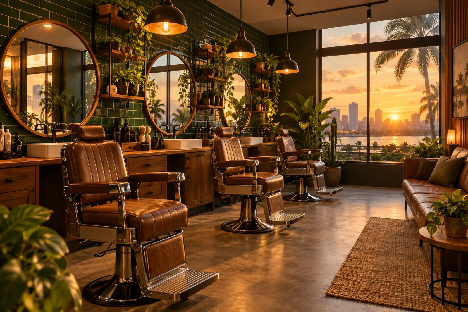 Salão da barbearia com três cadeiras de couro e luz de fim de tarde