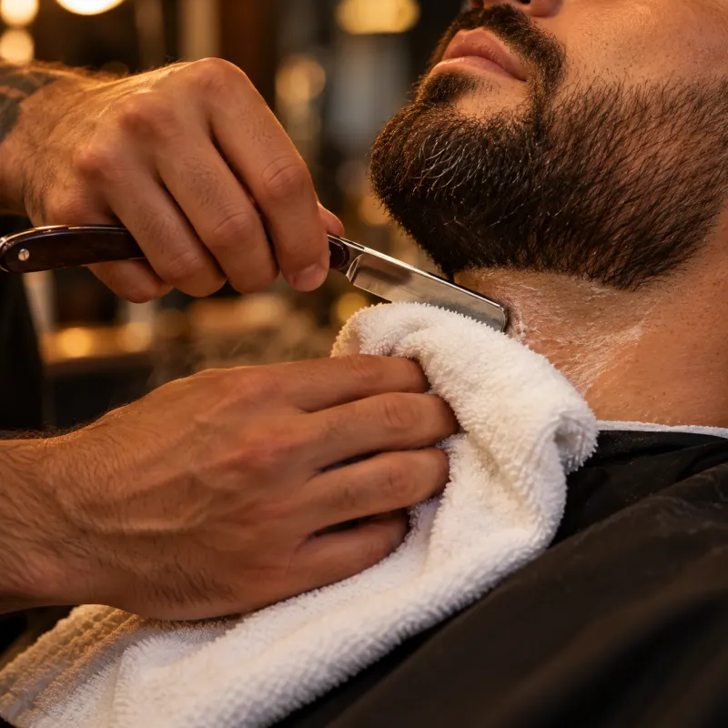 Barba feita na navalha com toalha quente