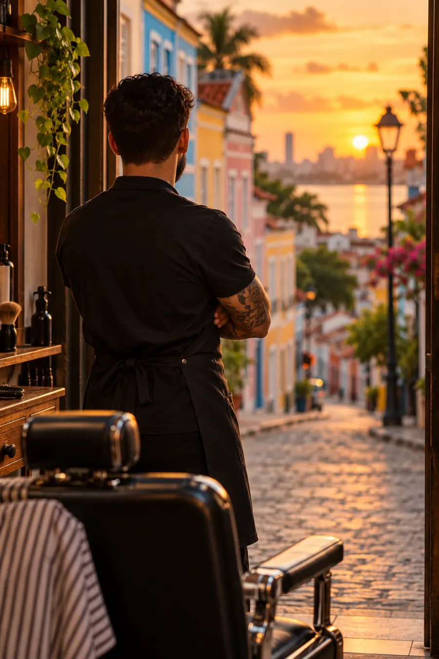 Barbeiro na porta da barbearia ao pôr do sol