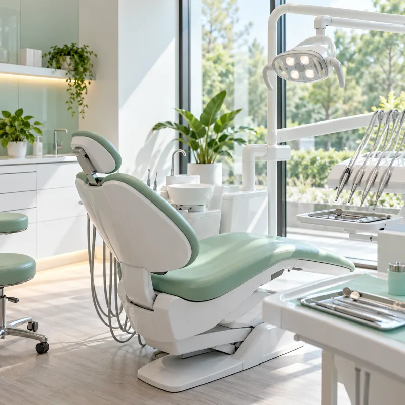 Consultório com cadeira odontológica branca e menta