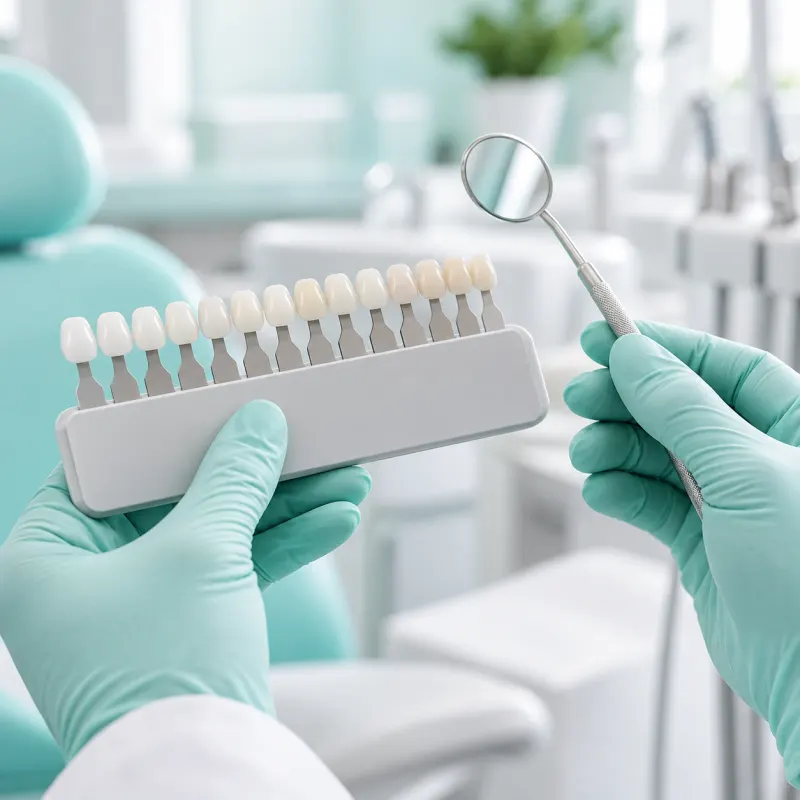 Mãos de dentista com escala de cor e espelho
