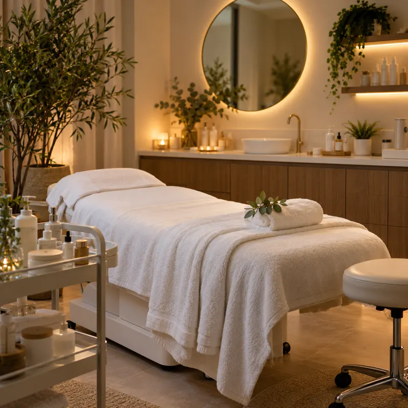 Sala de estética facial com maca e luz suave