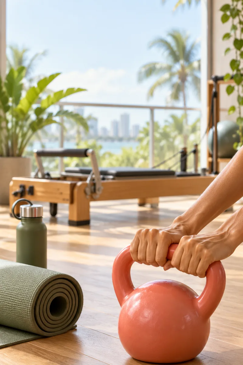 Mãos segurando um kettlebell coral no piso de madeira, com aparelho de pilates ao fundo