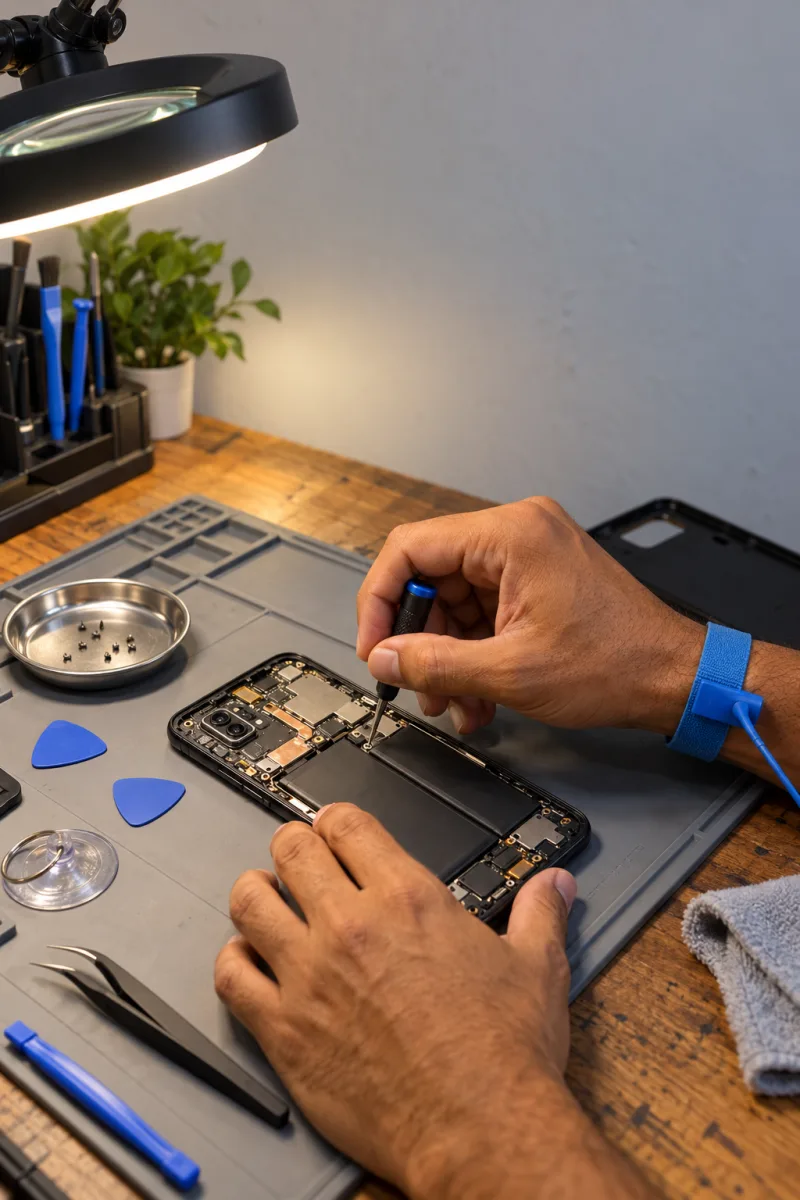 Mãos de técnico com pulseira antiestática abrindo um celular na bancada