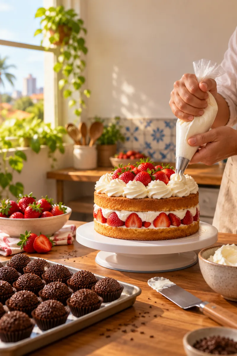 Mãos confeitando com chantili um bolo de morango, ao lado de uma bandeja de brigadeiros