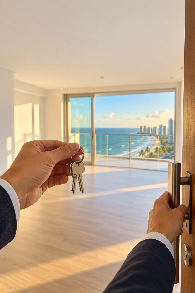 Mão entregando chaves novas na porta de um apartamento vazio com vista para o mar
