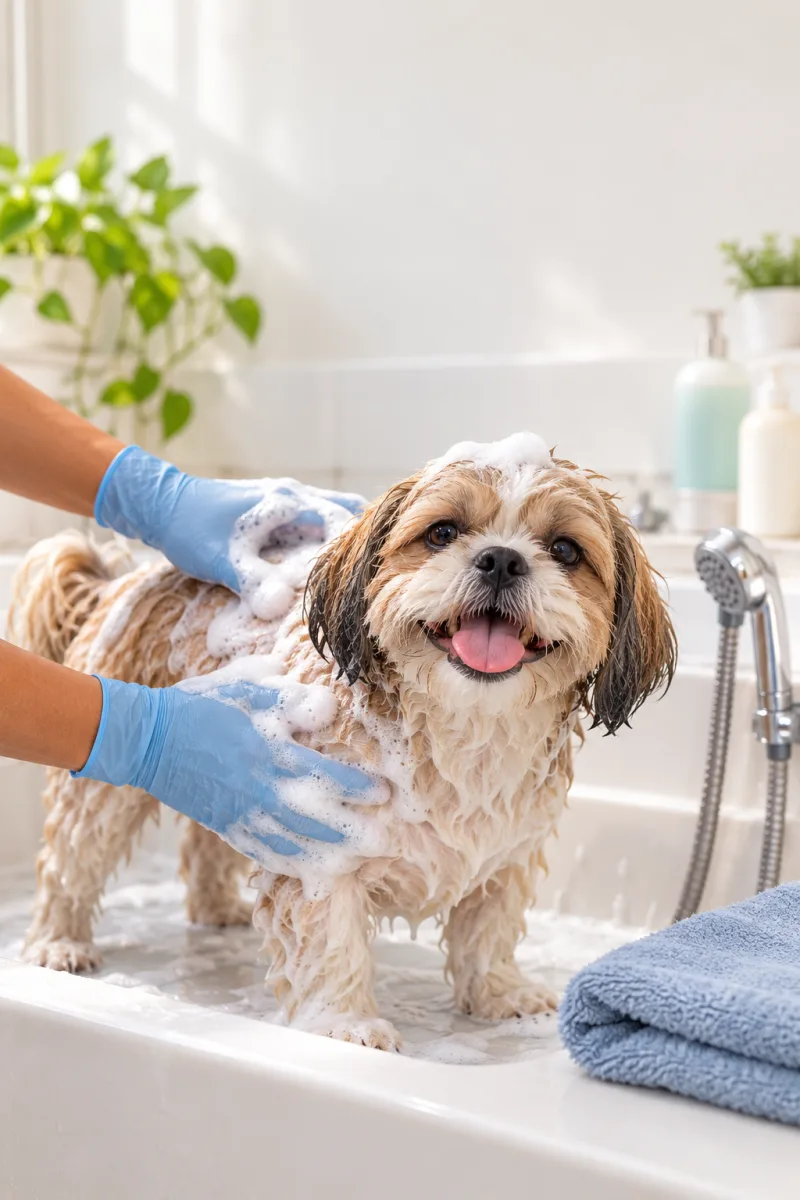 Cachorrinho peludo feliz tomando banho com espuma, mãos de luva azul ensaboando