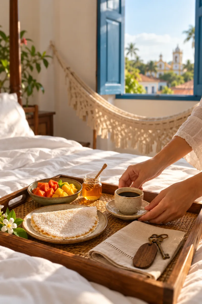 Bandeja de café da manhã com tapioca, frutas e café sobre a cama arrumada, chave do quarto ao lado