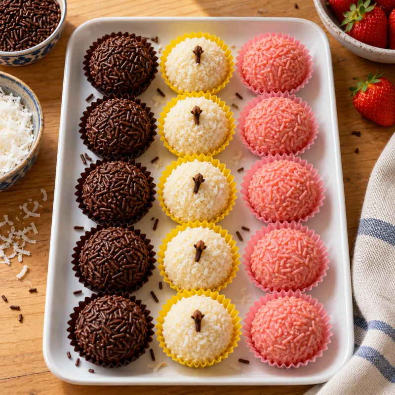Bandeja de brigadeiros, beijinhos e brigadeiros de morango em forminhas coloridas