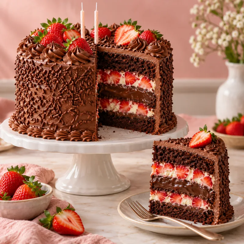 Bolo de chocolate com recheio de brigadeiro e morango, com uma fatia cortada