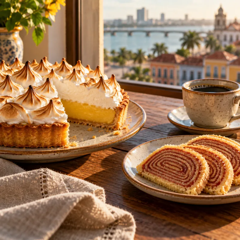 Torta de limão com merengue e fatias de bolo de rolo ao lado de um café
