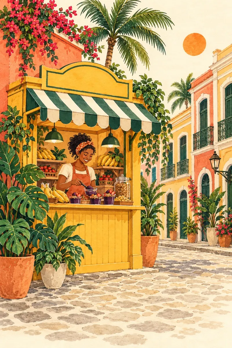 Ilustração: quiosque de açaí numa esquina do Recife