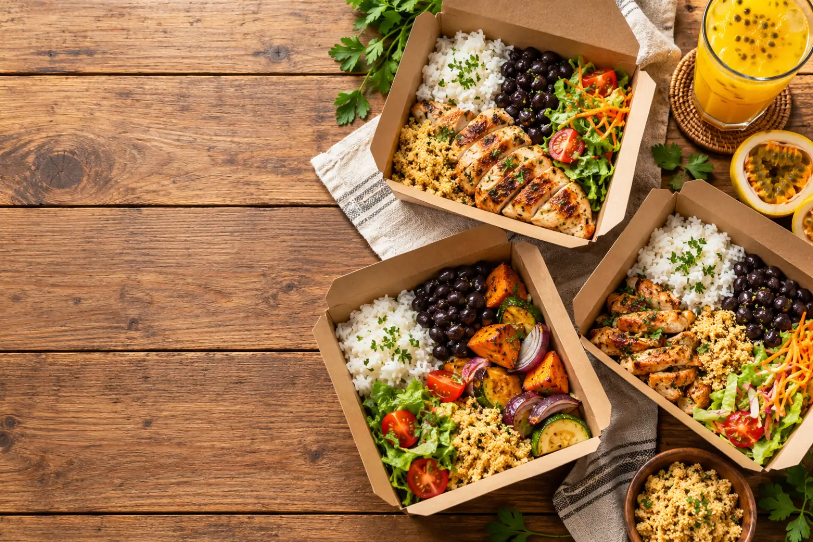 Marmitas abertas com arroz, feijão, frango grelhado, legumes e salada sobre mesa de madeira