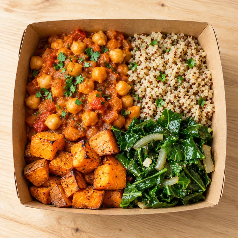 Marmita vegetariana com grão-de-bico, quinoa e batata-doce