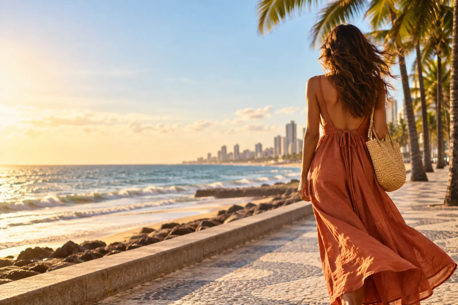 Mulher de costas com vestido de linho terracota caminhando na orla ao entardecer
