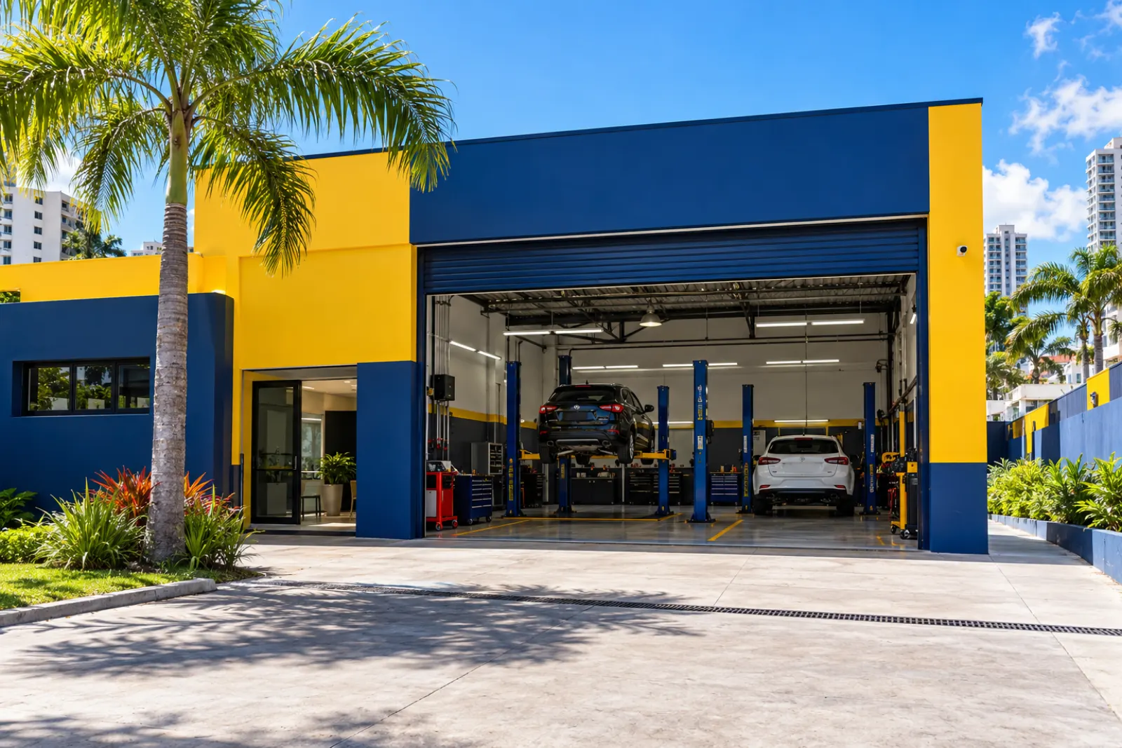 Fachada da oficina azul e amarela com portão aberto