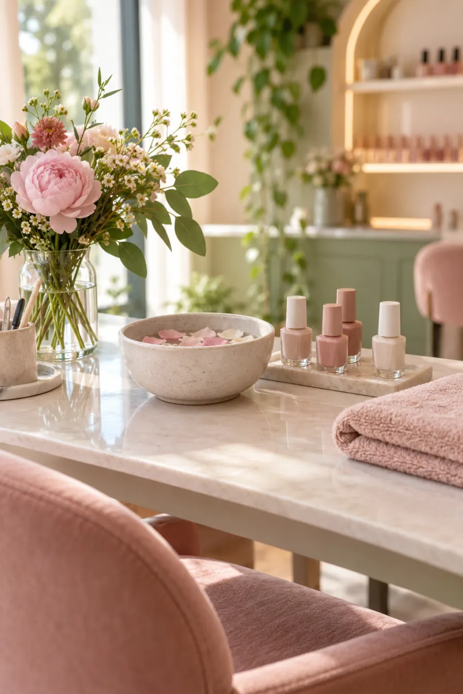 Mesa de manicure com flores, esmaltes nude e toalha rosa