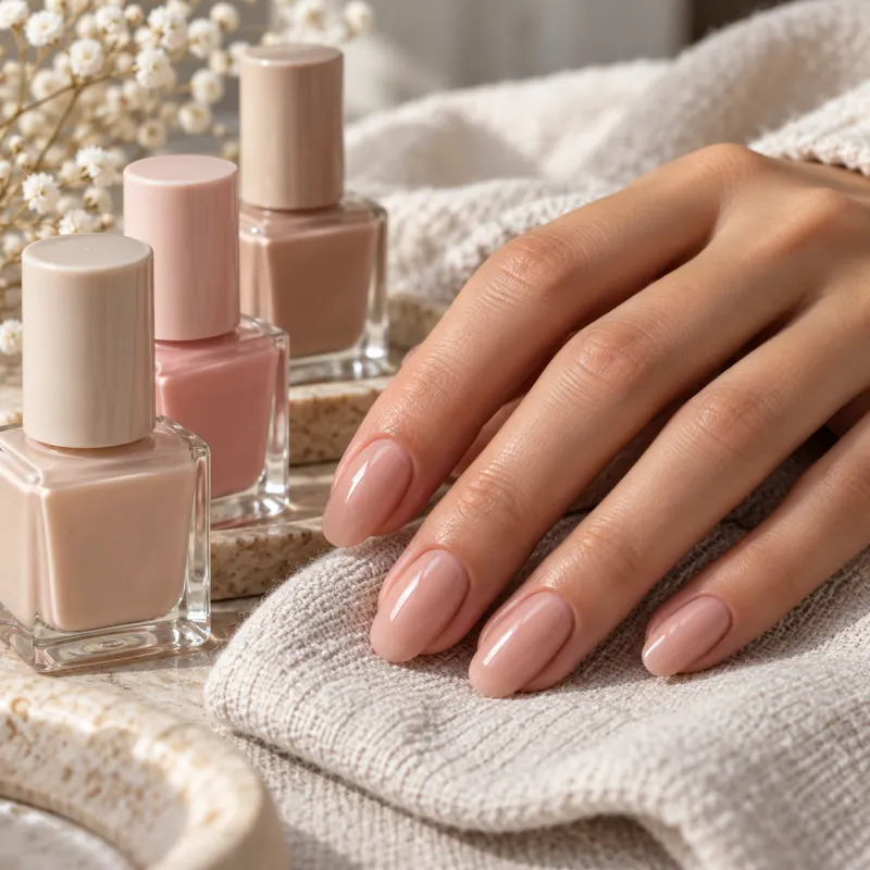 Mão com unhas nude brilhantes sobre toalha