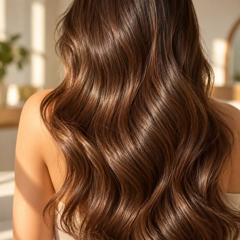 Cabelo castanho longo e brilhante com ondas